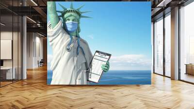 Healthcare system inUSA United States concept. Statue of Liberty as doctor in medical gown with  surgical mask, stethoscope and medical analysis. Wall mural