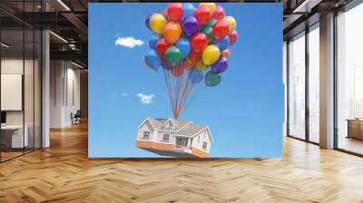 House with balloons bunch flying in the sky. Real estate purchasing, moving house and housewarming concept. Wall mural