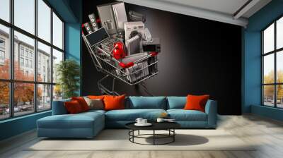 Household appliances in the shopping cart on black background. E-commerce or online shopping concept. 3d Wall mural