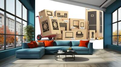 household kitchen appliances and home electronics in carboard boxes isolated on white. e-commerce, i Wall mural