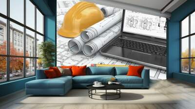 laptop and blueprint with house project. Wall mural