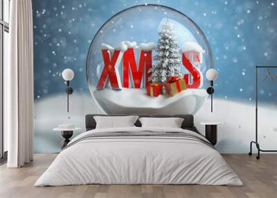 Merry Cristmas, Snowball witn Xmas on the wooden table. Wall mural