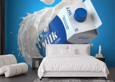 Milk carton box or packaging of milk and splash of milk on blue background. Wall mural