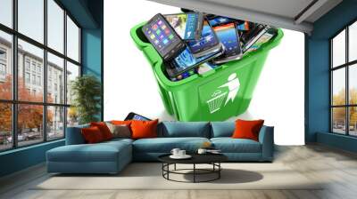 mobile phones in trash can isolated on white background. utiliza Wall mural