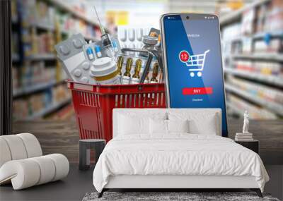 Mobile service or app for purchasing  medicines in online pharmacy drugstore. Smartphone and shopping basket full of medicines. Wall mural