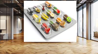 Multivitamins and dietary natural supplements for a healthy diet. Fruits in pills on blister pack. Wall mural