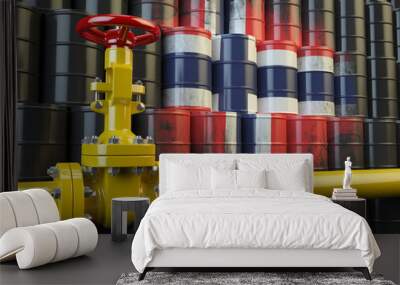 Oil pipe line valve in front of the flag of Norway on the oil ba Wall mural