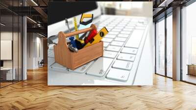 Online support. Toolbox with tools on laptop. Wall mural