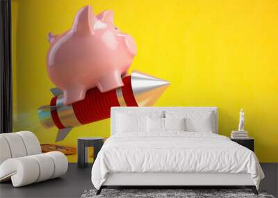 piggy bank on a flying rocket on yellow. financial, investing, savings and wealth management solutio Wall mural