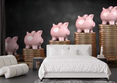 Piggy banks on stacks of golden coins. Fiinancial growth, deposit, investment and savings concept background. Wall mural