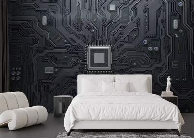 PU chip on circuit board. Black motherboard with central processor chip. Computer hardware tecnology. Wall mural