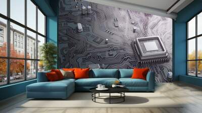 PU chip on circuit board. Black motherboard with central processor chip. Computer hardware tecnology. Wall mural