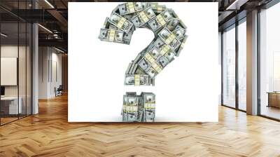 Question sign from packs of dollar isolated on white. Wall mural