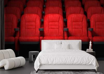 Red seats rows in empty cinema hall. Movie theatre and cinema concept. Wall mural