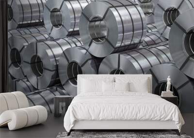 Rolls of metal sheet. Zync, aluminium or steel sheet rolls on warehouse in factory. Wall mural