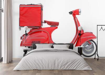 Scooter express delivery service. Red motor bike with delivery bag isolated on white. Wall mural