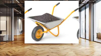 Set of wheelbarrow full of construction and agriculture materials such as humus, stone and sand isolated on  white. Wall mural