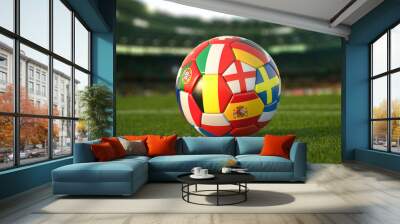 Soccer Football ball with flags of european countries on the grass of football stadium. Euro championship 2021. Wall mural