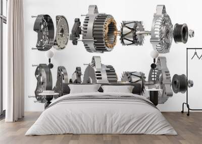 Structire and scheme of car alternator, generator isolated on white. Structire and scheme. Wall mural