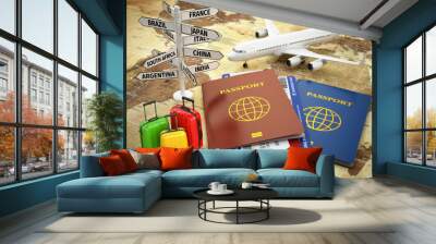 travel or tourism concept. passport, airplane, airtickets, bagga Wall mural