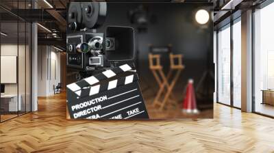 video, movie, cinema concept. retro camera, flash, clapperboard Wall mural