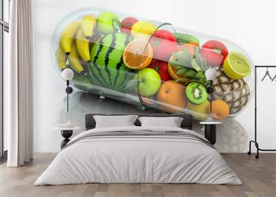 Vitamin pill capsule with fruits and vegetables. Nutrition supplemet and health eating concept. Wall mural