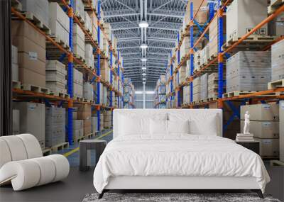 Warehouse or storage and shelves with cardboard boxes. Industrial background. Wall mural