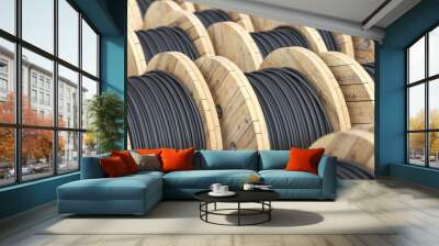 Warehouse with wooden coil  wire electric cable. Wall mural