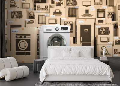 Washing machine in warehouse with household appliances and kitchen electronics in cardboard boxes. Online purchase, shopping  and delivery concept. Wall mural