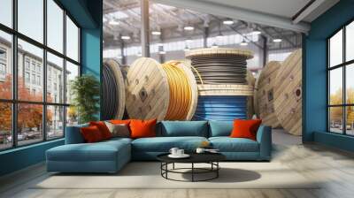 Wire electric cable on wooden coil or spool in warehouse. Wall mural