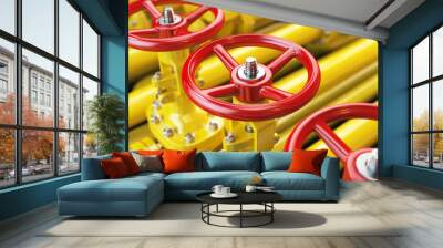 Yellow oil or gas pipe line valves. 3d Wall mural