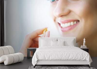 Beautiful Woman Taking Pill, Medicine. Vitamins And Supplements Wall mural