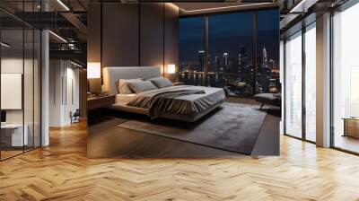 Bedroom in a penthouse on a high floor, a room with a view of the city from the bed. Wall mural