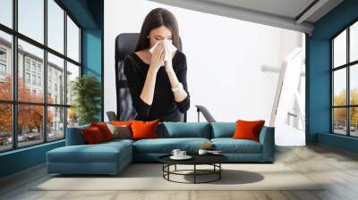 Pain. Ill Business Woman Suffering at Work Behind the Desk in Her Office and Having Allergy Problem. Wall mural