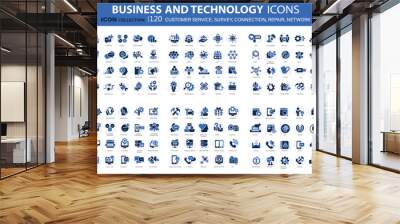 120 business and technology icon set for customer service, survey, connection, repair, network. Flat vector illustration Wall mural