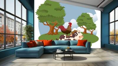 Animals in the farm scene. Nature and country concept. Flat vector illustration Wall mural