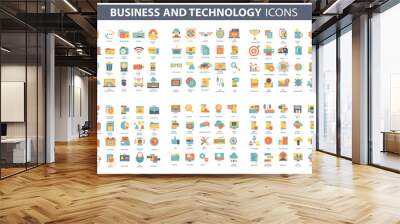 Business and marketing, programming, data management, internet connection, social network, computing, information. Thin line blue icons set. Flat vector illustration Wall mural