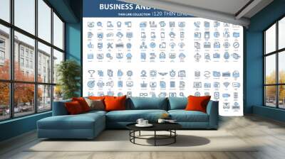 Business and marketing, programming, data management, internet connection, social network, computing, information. Thin line blue icons set. Flat vector illustration Wall mural