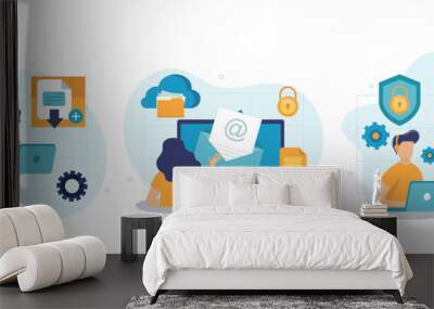 Cloud computing isolated set. Secure connection, storage and cloud technology. People collection of scenes in flat design. Vector illustration for blogging, website, mobile app, promotional materials. Wall mural