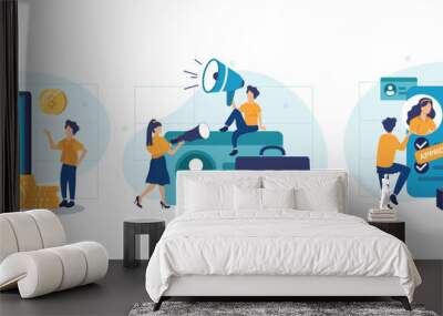 Hiring people concept, collection of scenes. Pr managers searching potential job candidates and analyzing CV. Character applying for work position. Job recruitment process concept. Vector illustration Wall mural