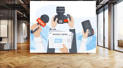 Journalism. Camera and photos. Mass media, television, interview, breaking news, press conference concept. Flat vector Wall mural