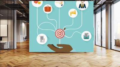 Male hand presenting customer relationship management. System for managing interactions with current and future customers. Flat vector illustration. Wall mural