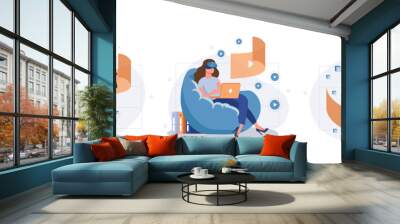 Metaverse web concept with people scenes set in flat style. Bundle of augmented virtual reality for online shopping, gaming, communication, science, study. Vector illustration with character design Wall mural