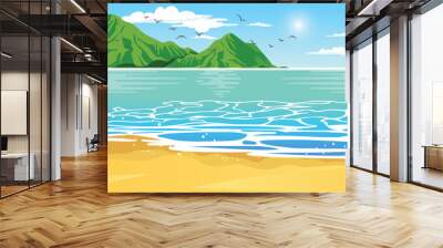 Tropical blue sea and a sand beach with mountain on horizon, vector background Wall mural