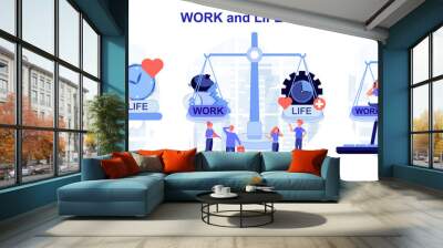 Work and life balance. Tiny people keep harmony choose between career and money versus love and time, leisure or business. Modern flat cartoon style. Vector illustration collection of scenes Wall mural