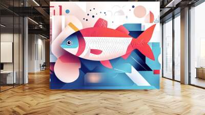 A vibrant, abstract illustration of a red fish surrounded by geometric shapes and colorful patterns in a modern art style. Wall mural