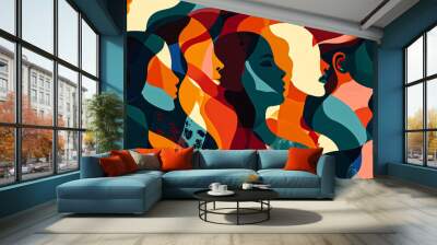 Abstract illustration of diverse female silhouettes in vibrant colors. Digital art for poster, wallpaper, and print. Concept of unity and diversityabstract, illustration, female, silhouettes, vibrant, Wall mural