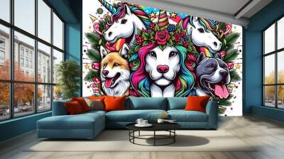 Many animals include dogs, cats, unicorns with rainbow and unicorns image art realistic photo photo illustrator. Wall mural