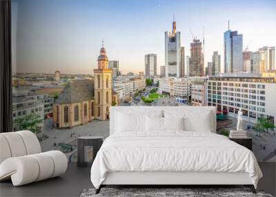 Lutheran church and modern downtown with skyscrapers in Frankfurt upon Main, Germany Wall mural