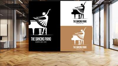 The Dancing PIano,  an image showing a woman dancing with a dress in the form of piano keys, beside her is a classical piano Wall mural